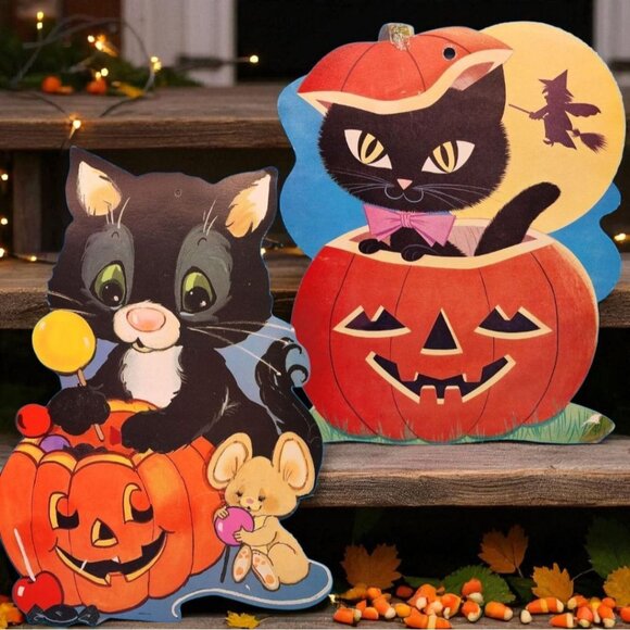 Eureka Halloween Die Cut Black Cat Pumpkin Jack O Lantern Double Sided Set 2 - Picture 1 of 10